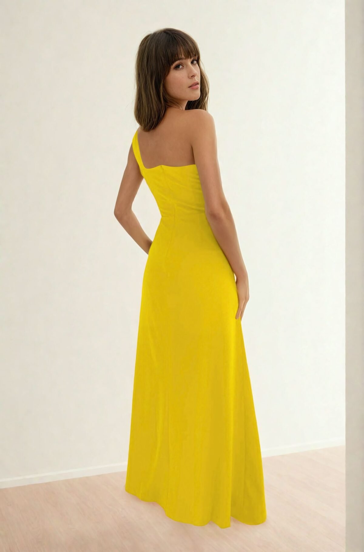 Vestido largo amarillo asimétrico con abertura frontal y drapeado lateral, diseño de un hombro para invitada de boda y eventos de verano disponible en alquiler