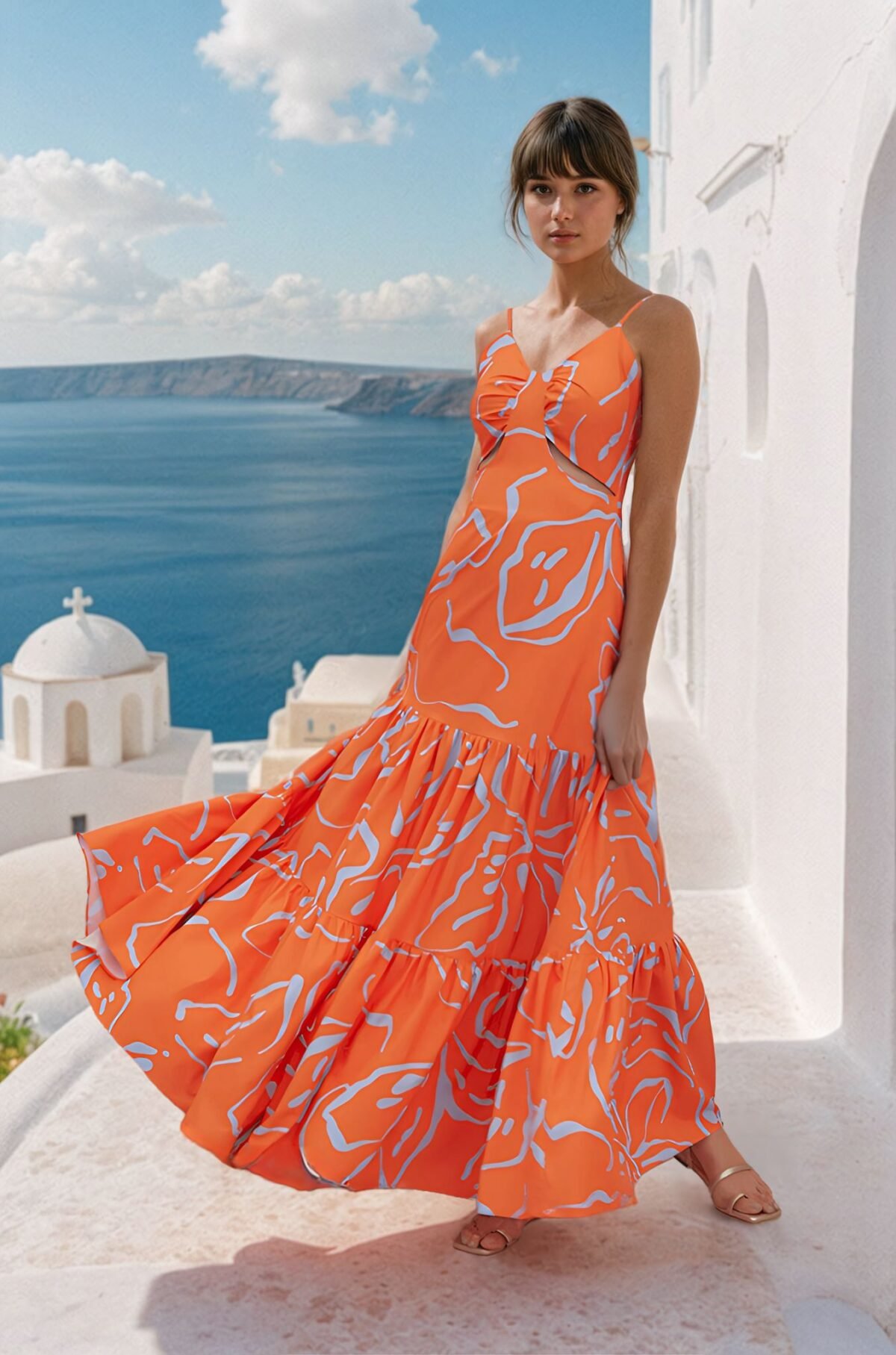 Vestido largo estampado naranja para playa y verano de Cardamomo en alquiler por Setical