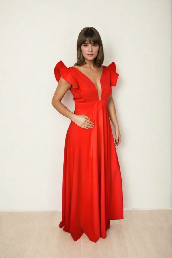 Vestido largo rojo de fiesta con escote en V y volantes en hombros para invitada de boda marca Cardamomo disponible en alquiler