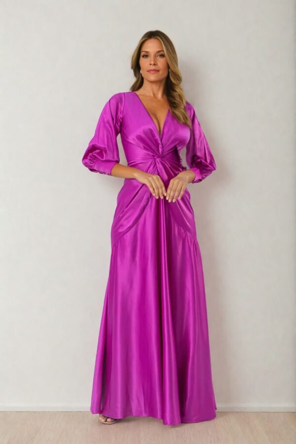 Vestido largo en satin fucsia de Cardamomo para eventos, bodas y fiestas en alquiler por Setical